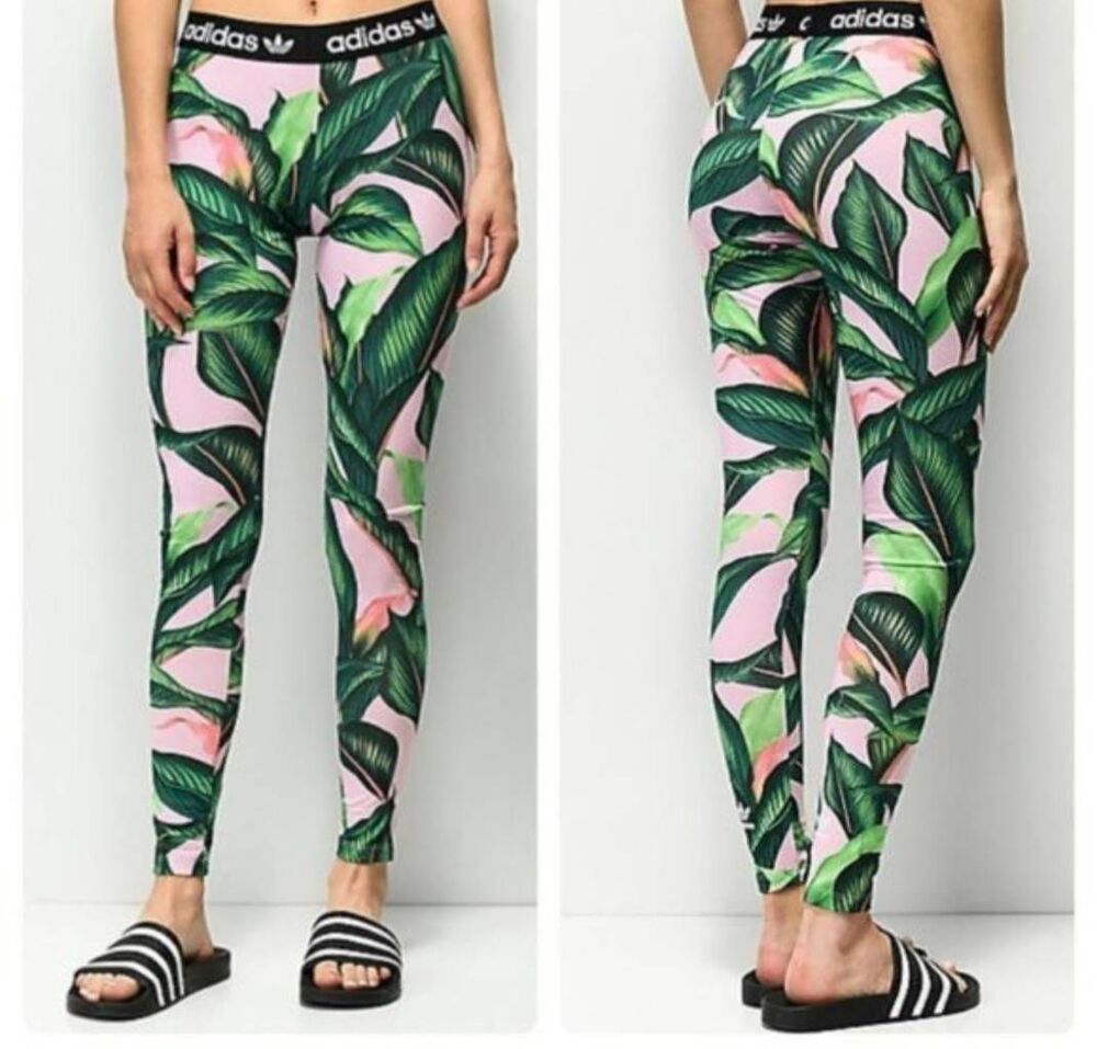 Adidas x Farm Rio Palm Leaf Pink Leggings XS Designer Workout Tropical Coastal